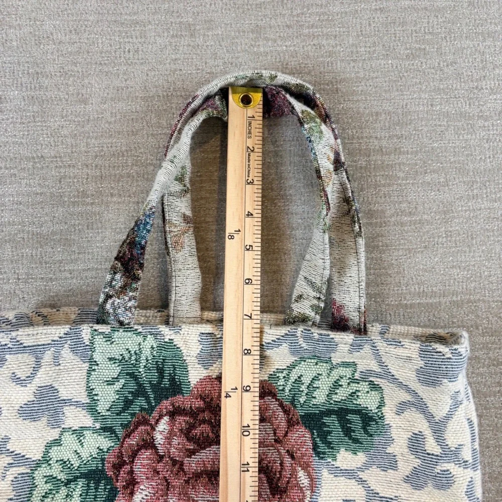 Vintage Floral Tapestry Tote Bag Woven Rose Cottagecore Burgundy Lined Handbag